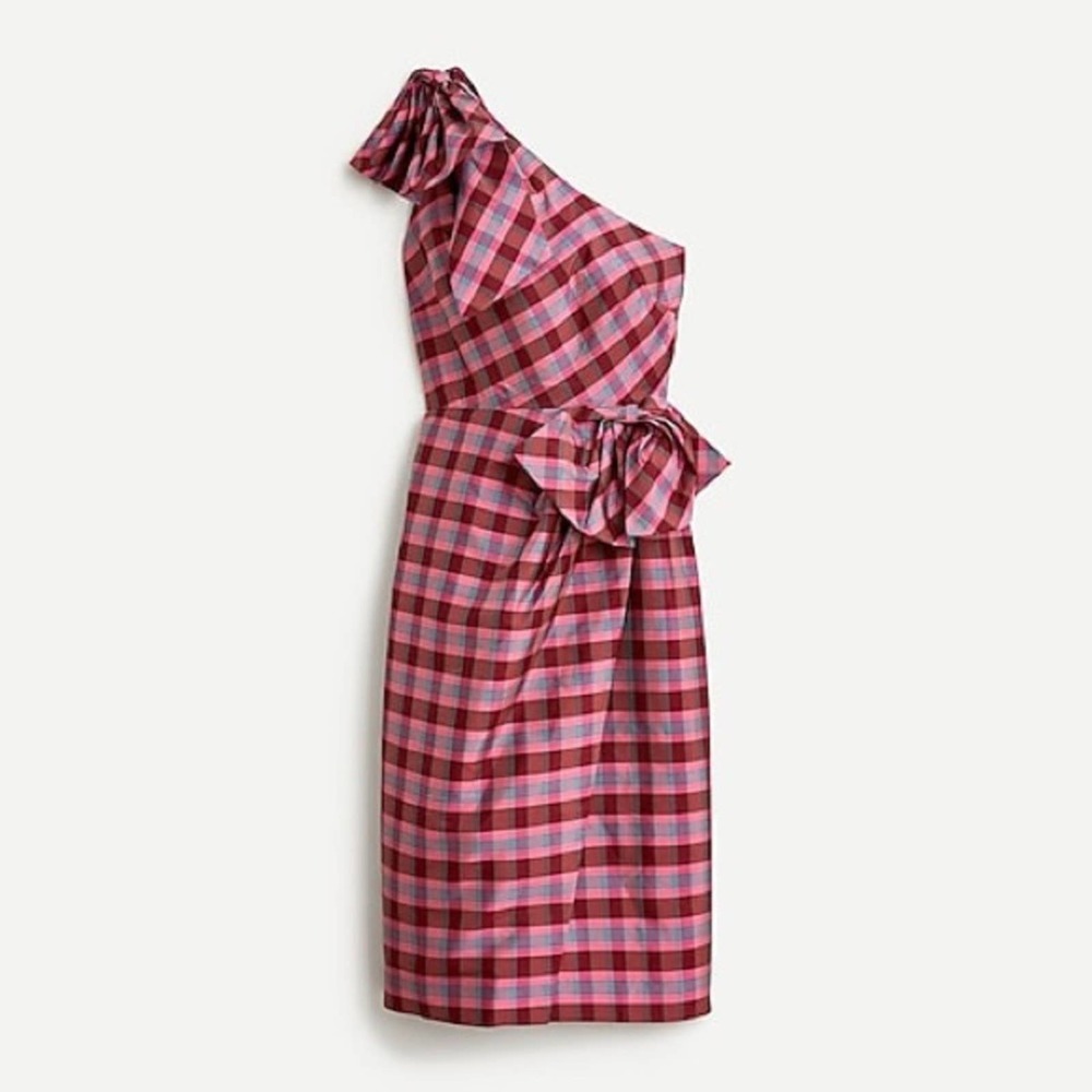 J. Crew One Shoulder Silk Plaid Midi Bow Dress Size 10